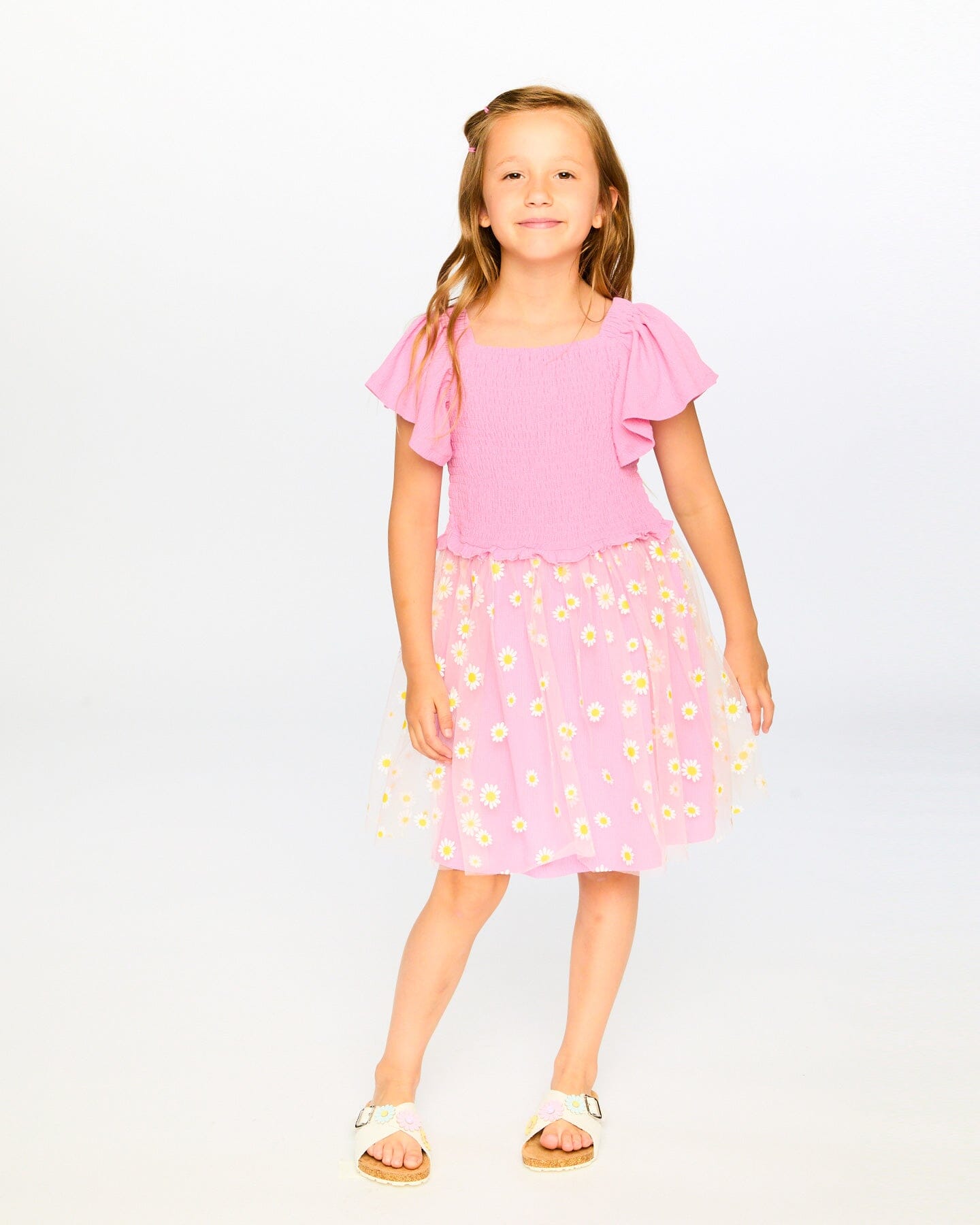 Mesh And Crinkle Jersey Dress With Smocking Pink - Image 2