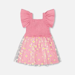 Mesh And Crinkle Jersey Dress With Smocking Pink - Image 3