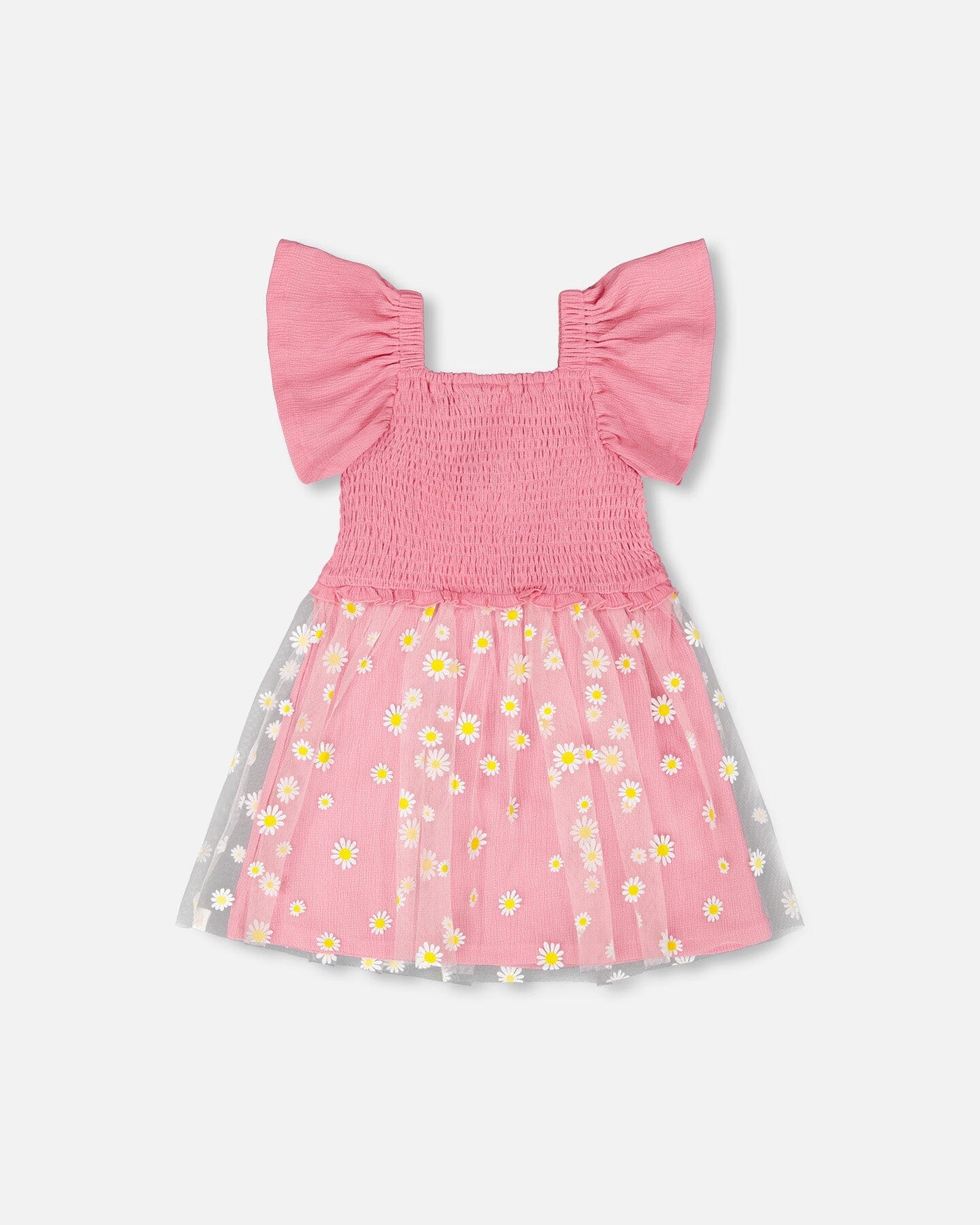 Mesh And Crinkle Jersey Dress With Smocking Pink - Image 3