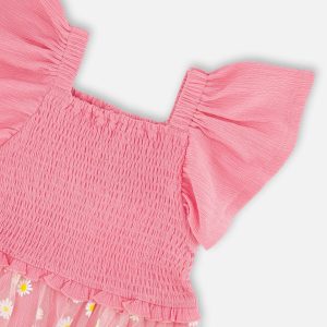 Mesh And Crinkle Jersey Dress With Smocking Pink - Image 4