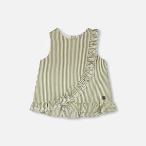 Top Green & Off White Stripes With Embroidered Ruffle