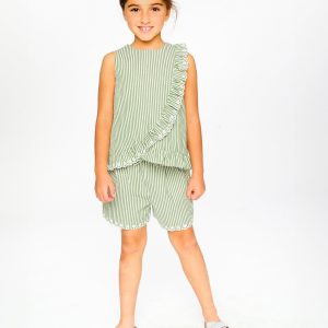 Alternative view of Top Green & Off White Stripes With Embroidered Ruffle
