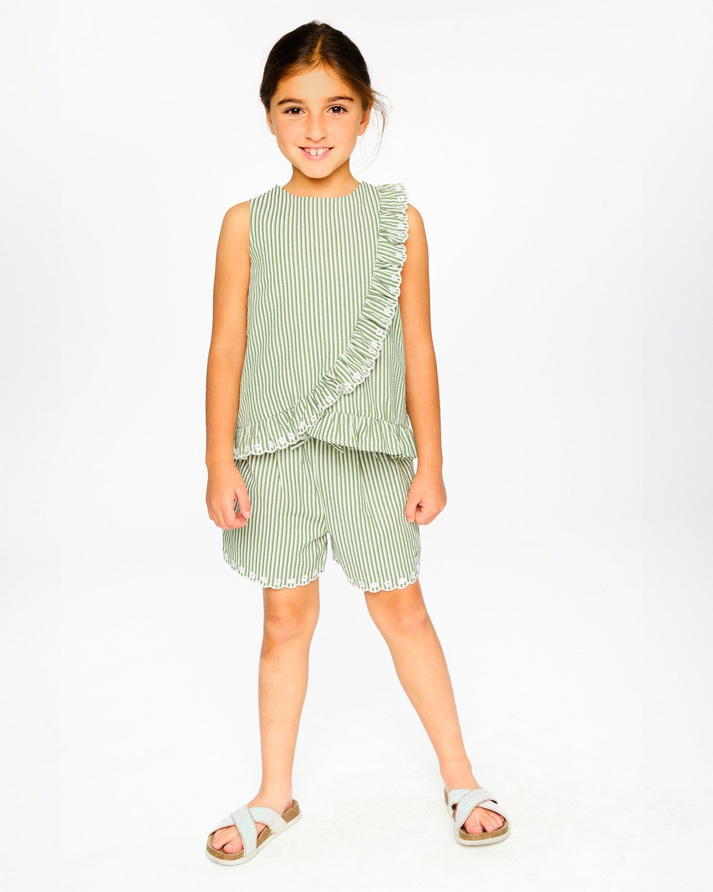 Top Green & Off White Stripes With Embroidered Ruffle - Image 2