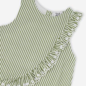 Top Green & Off White Stripes With Embroidered Ruffle - Image 4
