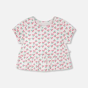 Rib Crop T-Shirt With Frill White Printed Cheeries - Image 5
