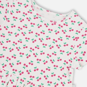 Rib Crop T-Shirt With Frill White Printed Cheeries - Image 3
