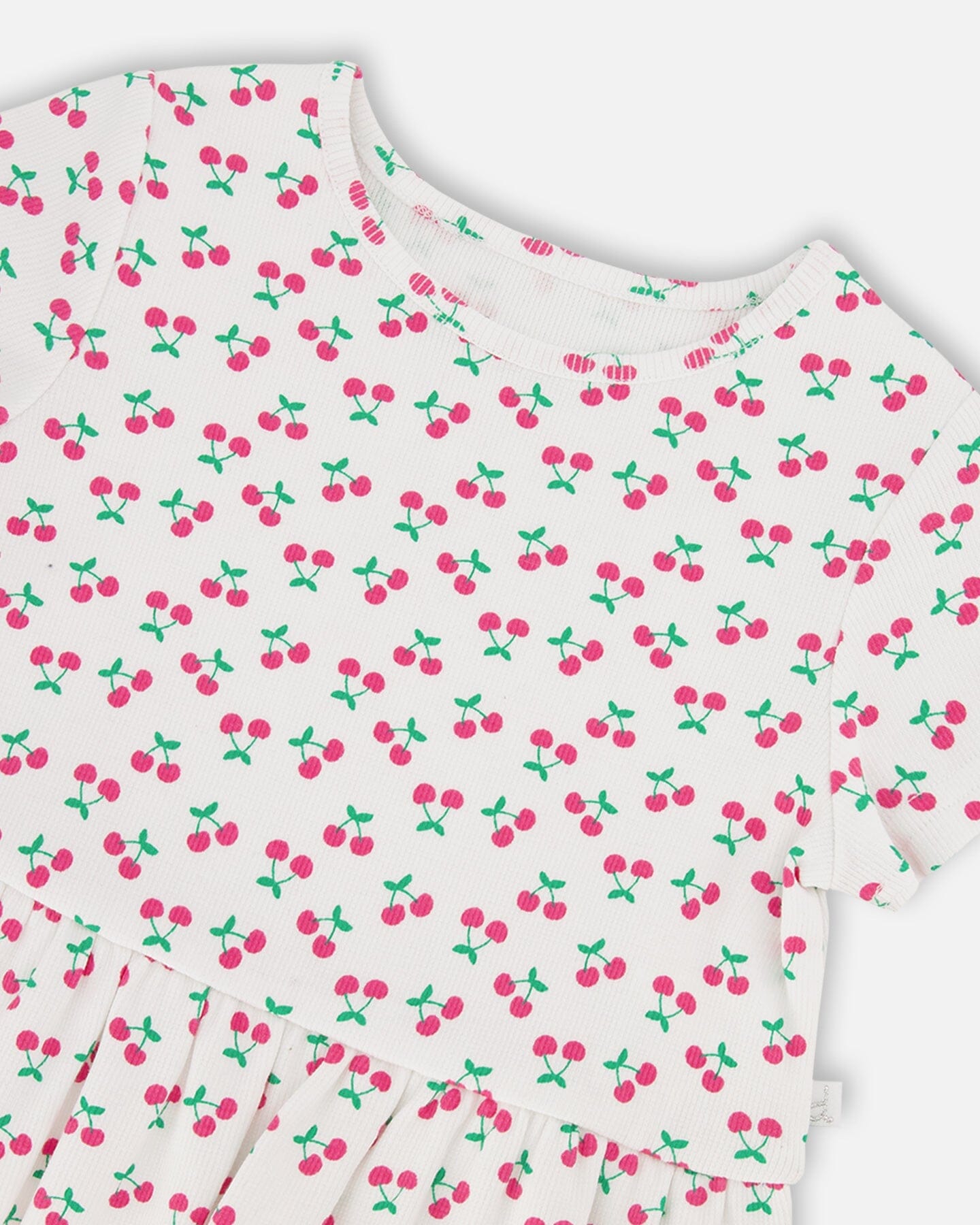 Rib Crop T-Shirt With Frill White Printed Cheeries - Image 3