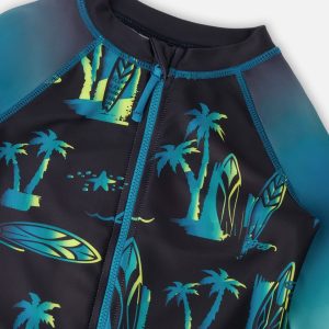 One-Piece Long Sleeve Rashguard Black Surf Print - Image 3