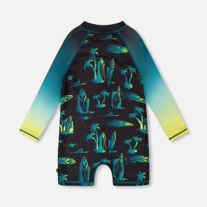 One-Piece Long Sleeve Rashguard Black Surf Print - Image 4