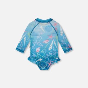 Baby And Toddler One-Piece Long Sleeve Rashguard Blue Shell Print - Image 3