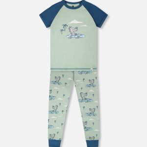 Organic Cotton Two-Piece Pyjama Set Green Crocodile Print