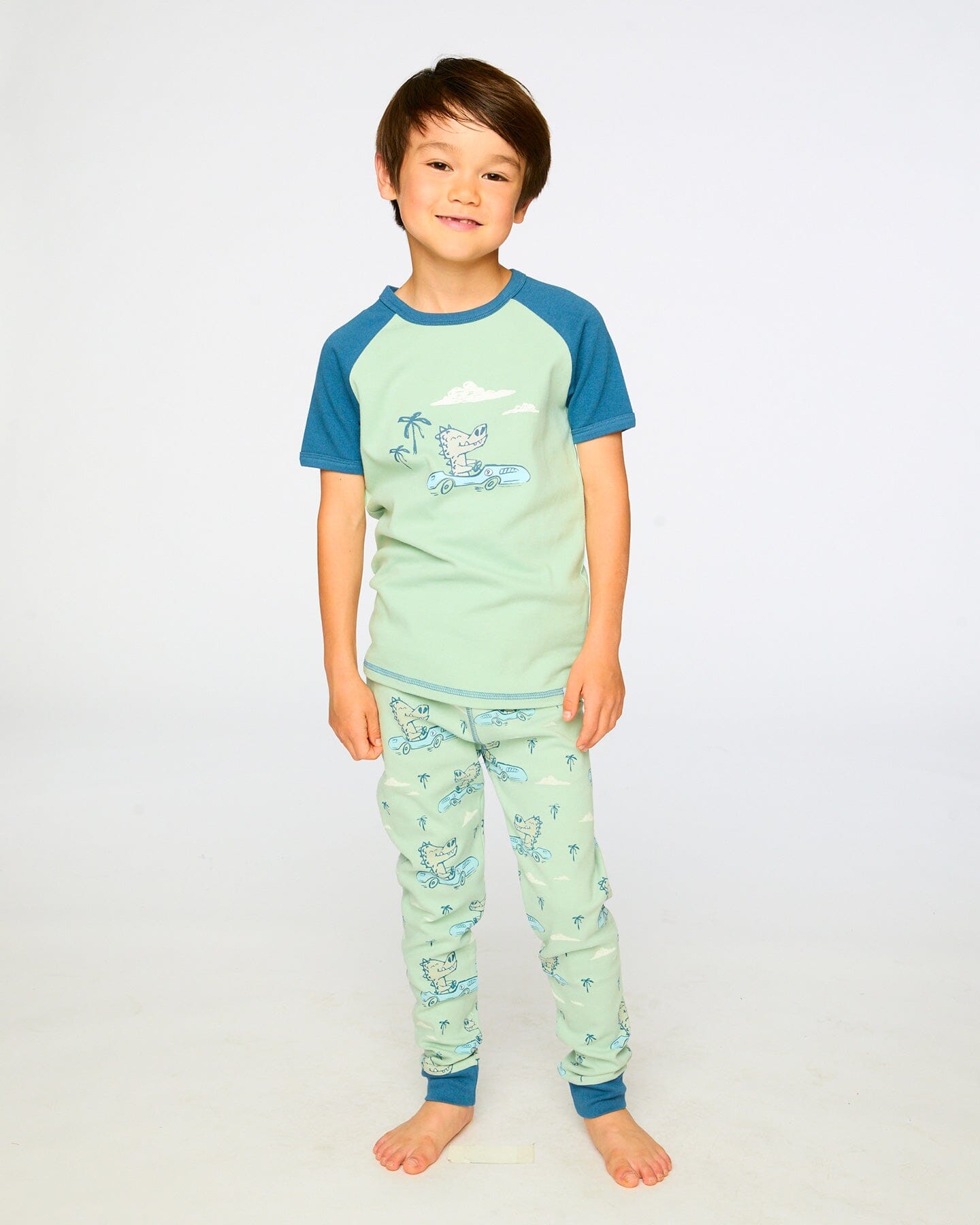 Organic Cotton Two-Piece Pyjama Set Green Crocodile Print - Image 2