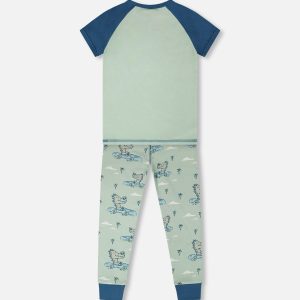 Organic Cotton Two-Piece Pyjama Set Green Crocodile Print - Image 3