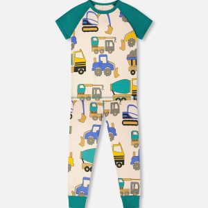Organic Cotton Two-Piece Pyjama Set Beige Truck Print - Image 14