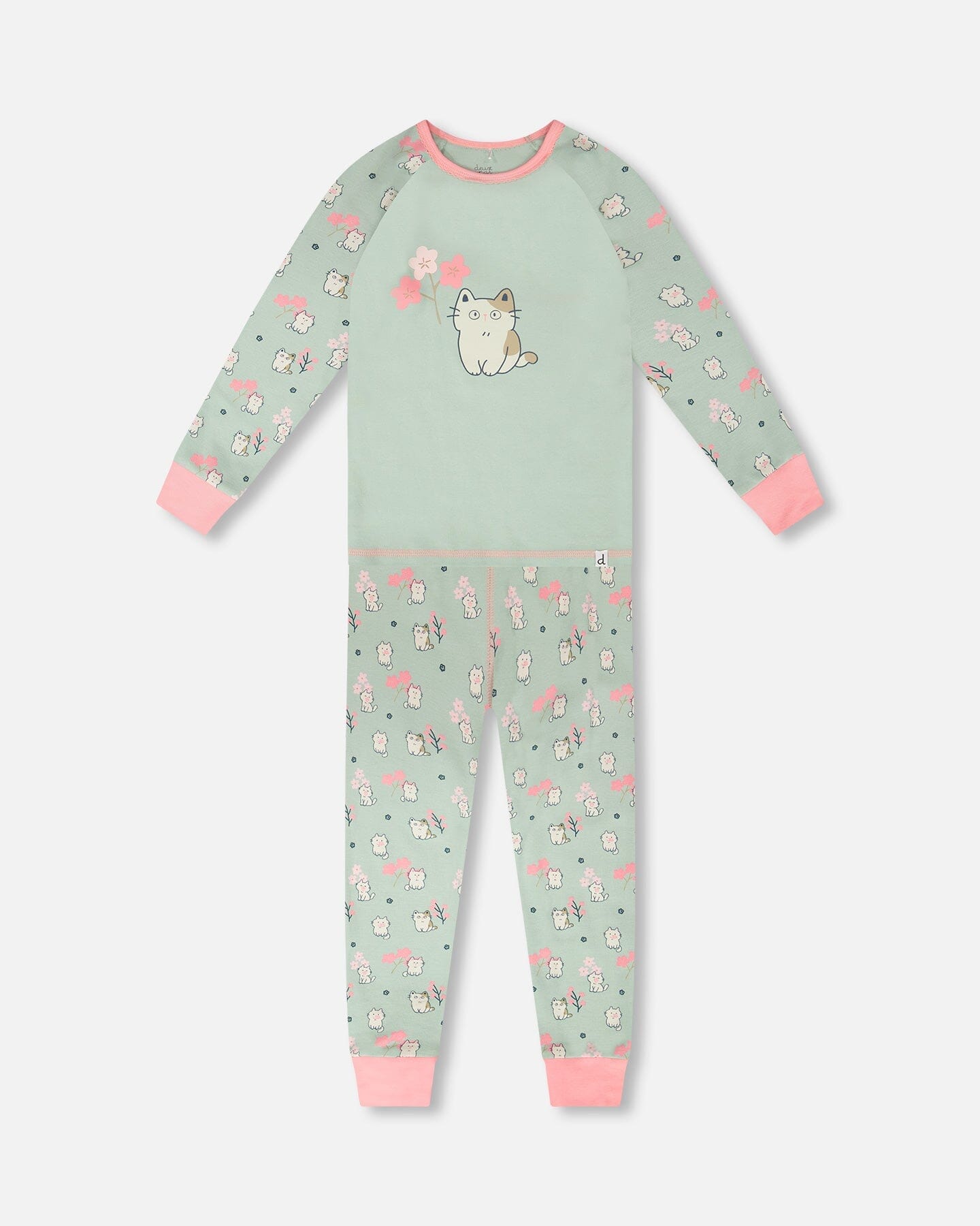Organic Cotton Two-Piece Pyjama Set Green Kitten Print - Image 7