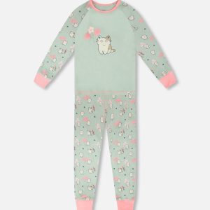 Organic Cotton Two-Piece Pyjama Set Green Kitten Print - Image 10