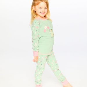 Organic Cotton Two-Piece Pyjama Set Green Kitten Print - Image 2