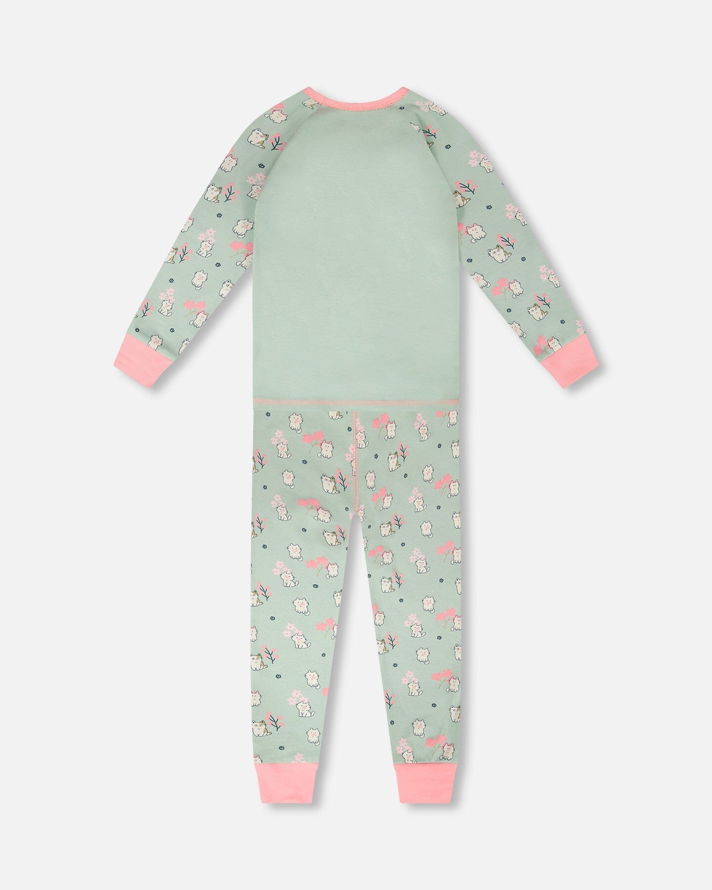 Organic Cotton Two-Piece Pyjama Set Green Kitten Print - Image 3