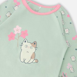 Organic Cotton Two-Piece Pyjama Set Green Kitten Print - Image 4