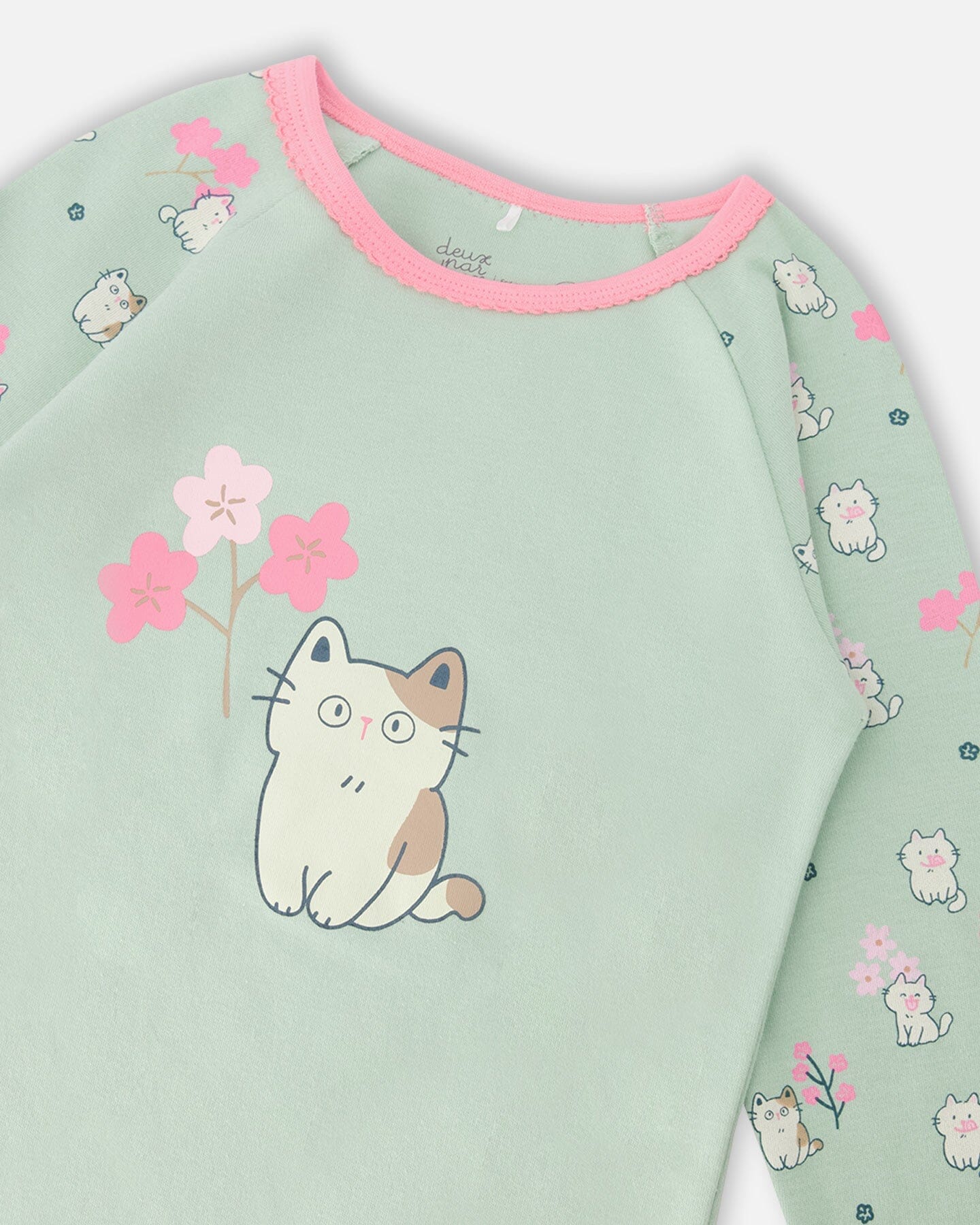 Organic Cotton Two-Piece Pyjama Set Green Kitten Print - Image 4