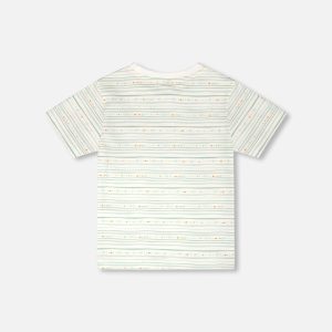 Organic Cotton T-Shirt White Printed Mint Green Lines - Image 3