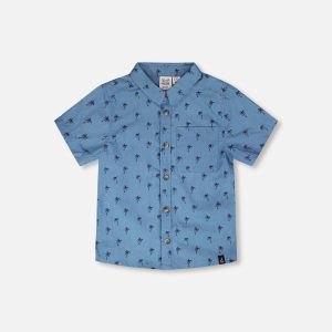 Short Sleeve Chambray Shirt Blue Palm Print