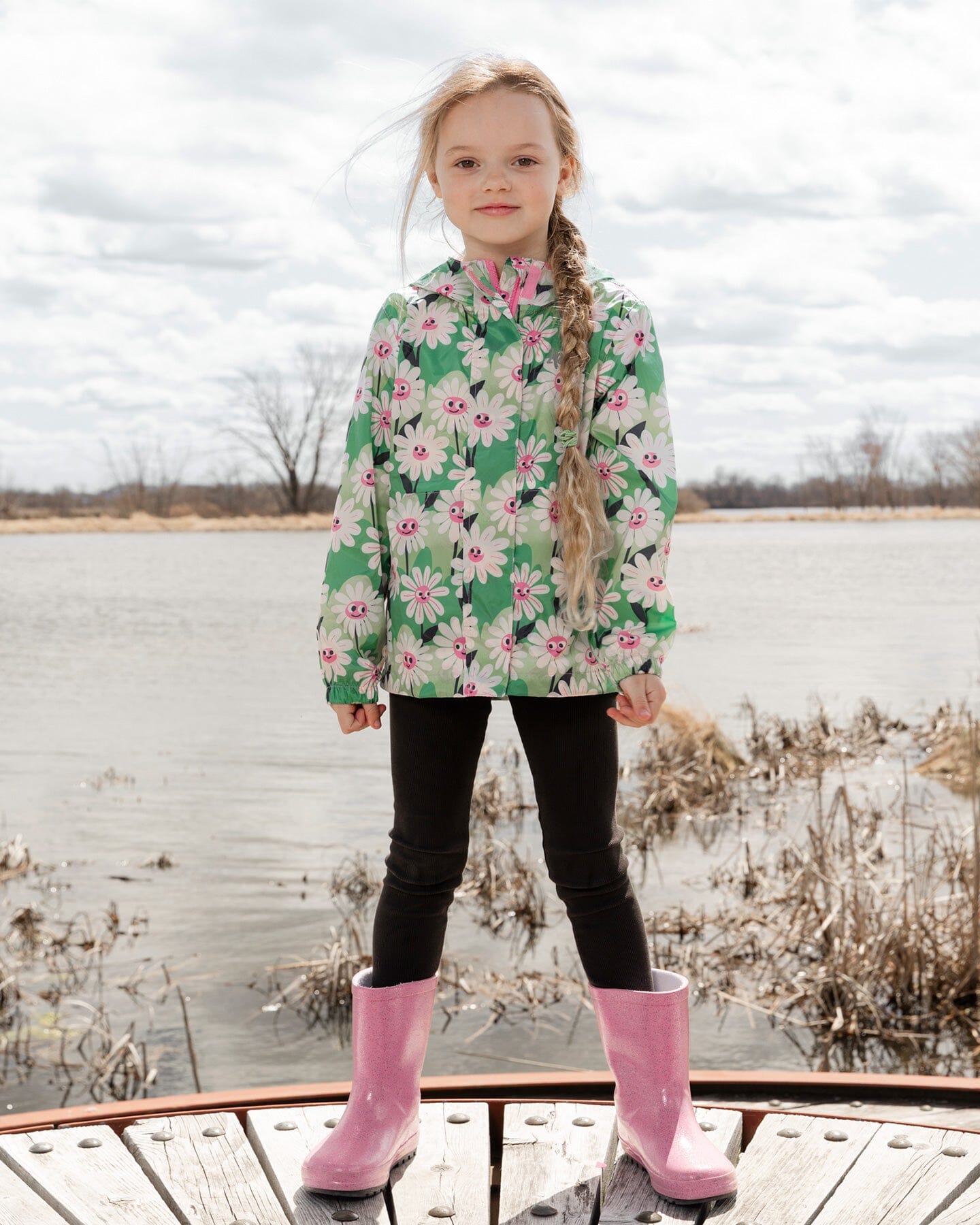 Packable Windbreaker In Polyester Green Smiling Flower Print - Image 2