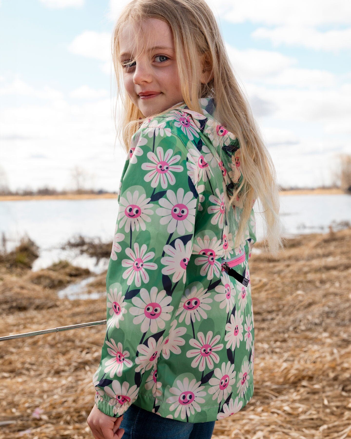 Packable Windbreaker In Polyester Green Smiling Flower Print - Image 4
