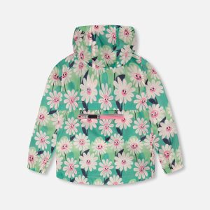 Packable Windbreaker In Polyester Green Smiling Flower Print - Image 3
