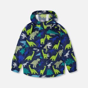 Packable Windbreaker In Polyester Blue Dinosaur Print