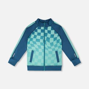 Full Zip Athletic Cardigan In Recycled Polyester Teal Printed Checkerboard - Image 6