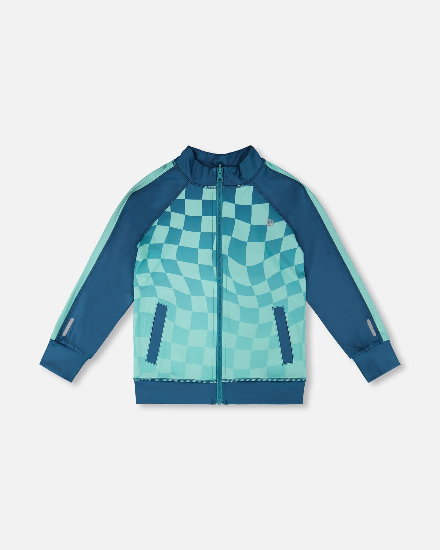 Full Zip Athletic Cardigan In Recycled Polyester Teal Printed Checkerboard - Image 9