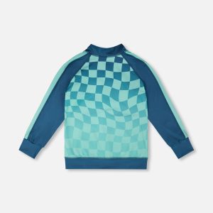 Full Zip Athletic Cardigan In Recycled Polyester Teal Printed Checkerboard - Image 2
