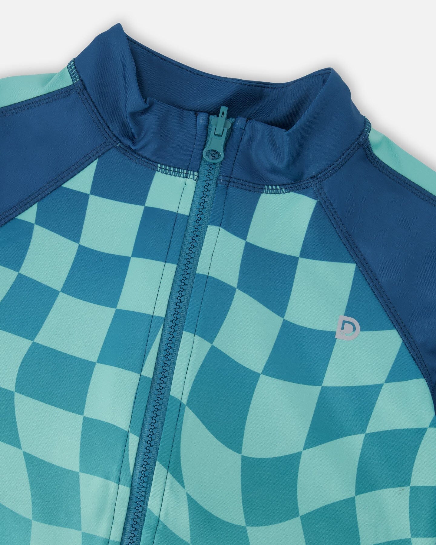 Full Zip Athletic Cardigan In Recycled Polyester Teal Printed Checkerboard - Image 3