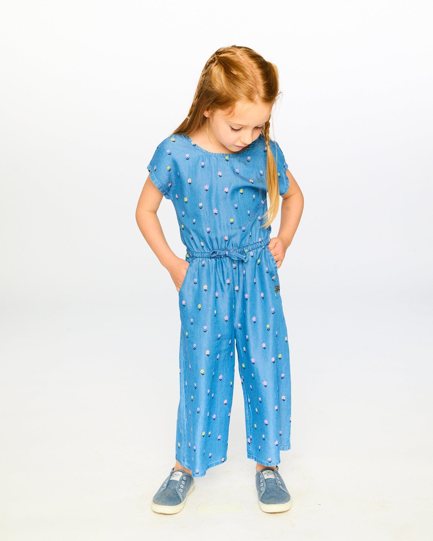 Chambray Jumpsuit Blue Flower Print - Image 2