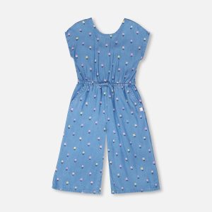 Chambray Jumpsuit Blue Flower Print - Image 3