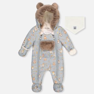 Baby One Piece Snowsuit Adapted For Car Seats Blue Animal Print