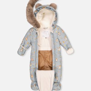 Baby One Piece Snowsuit Adapted For Car Seats Blue Animal Print - Image 3