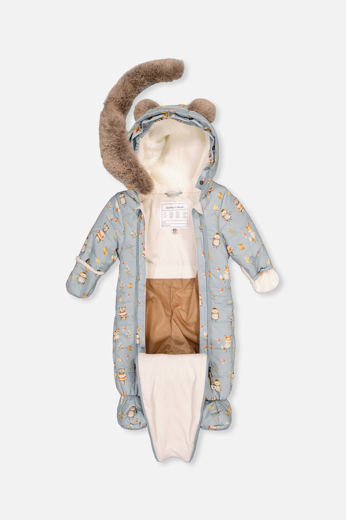 Baby One Piece Snowsuit Adapted For Car Seats Blue Animal Print - Image 3