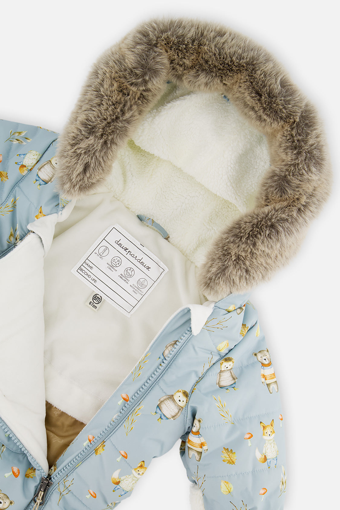 Baby One Piece Snowsuit Adapted For Car Seats Blue Animal Print - Image 4