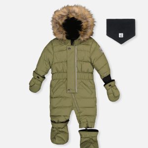 Baby Original One Piece Puffy Snowsuit With Removable Mittens And Boots Olive Green - Image 9