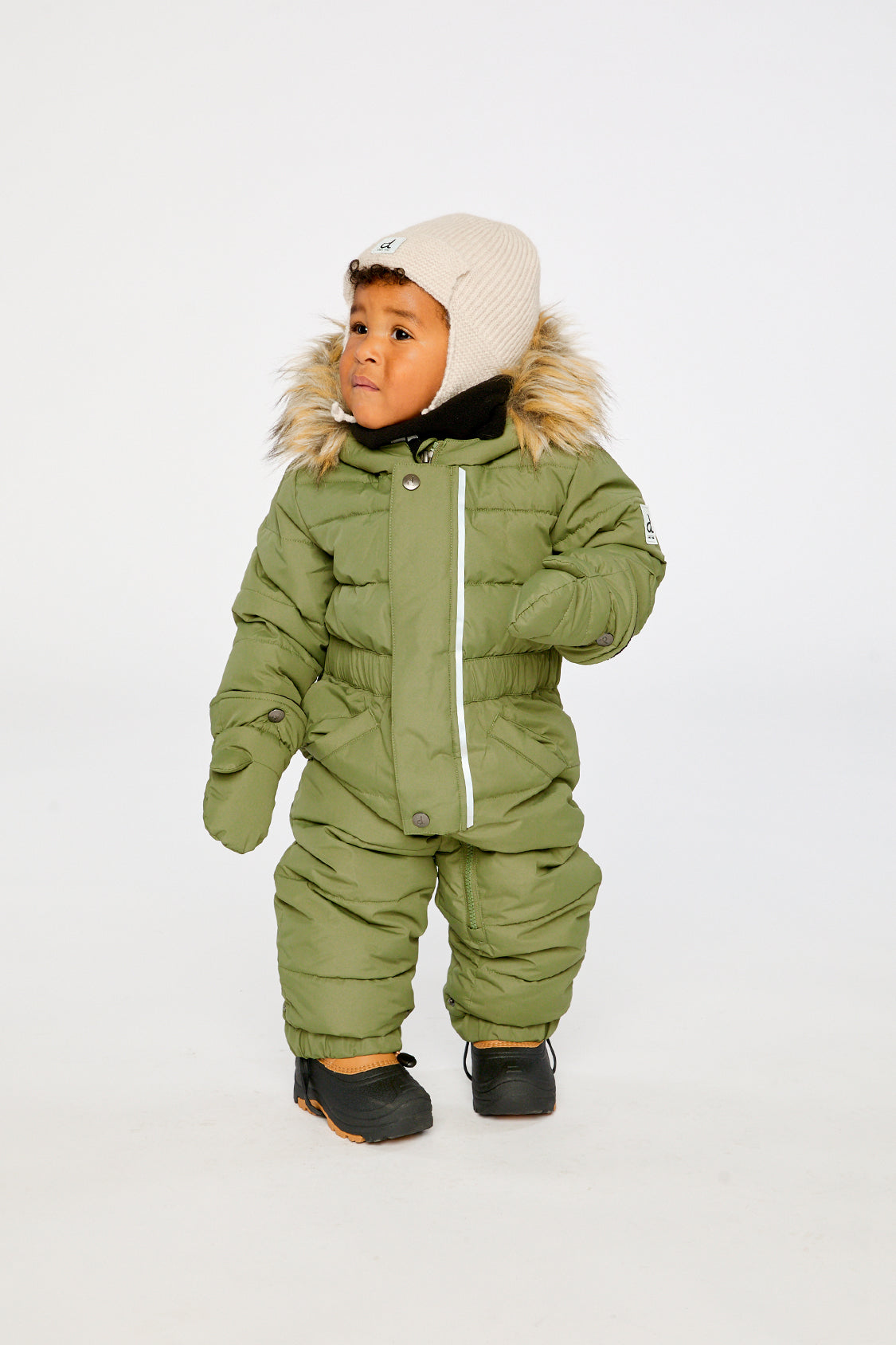 Baby Original One Piece Puffy Snowsuit With Removable Mittens And Boots Olive Green - Image 2