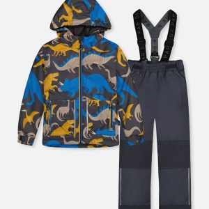 Light Weight Two Piece Chill Snowsuit Grey And Blue Dinosaur Print