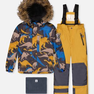 Two Piece Play Snowsuit Grey And Blue Dinosaur Print With Yellow Pants