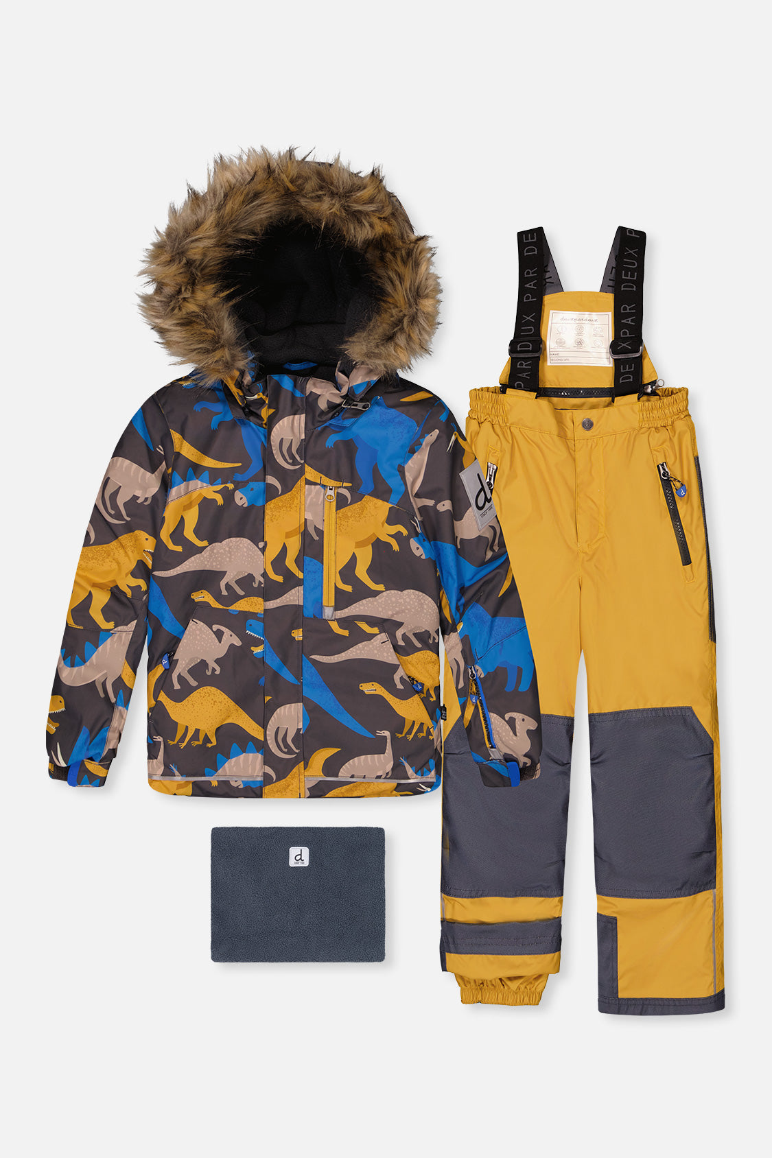 Two Piece Play Snowsuit Grey And Blue Dinosaur Print With Yellow Pants