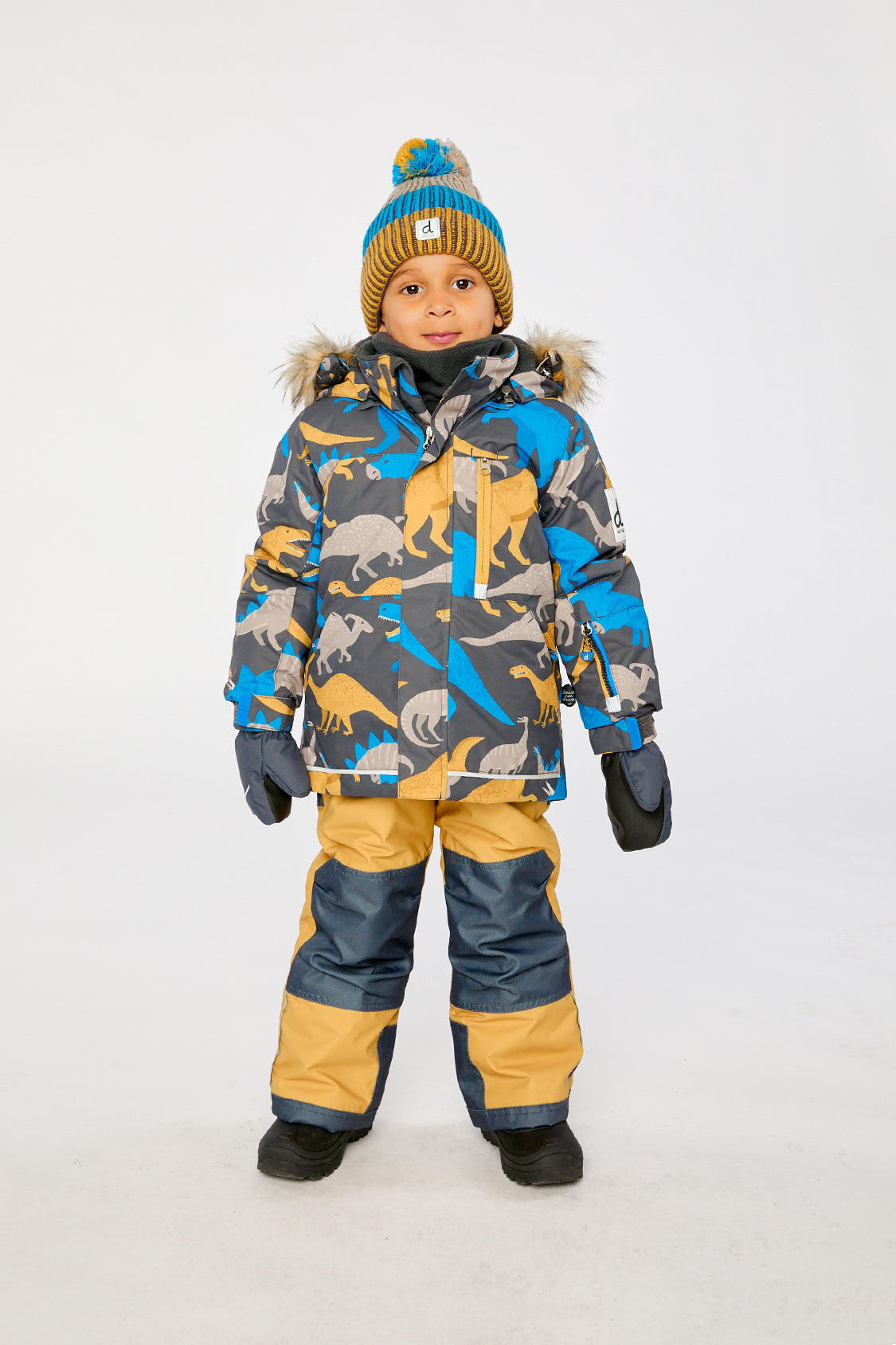 Two Piece Play Snowsuit Grey And Blue Dinosaur Print With Yellow Pants - Image 2