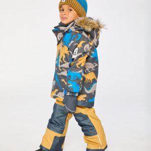 Two Piece Play Snowsuit Grey And Blue Dinosaur Print With Yellow Pants - Image 3