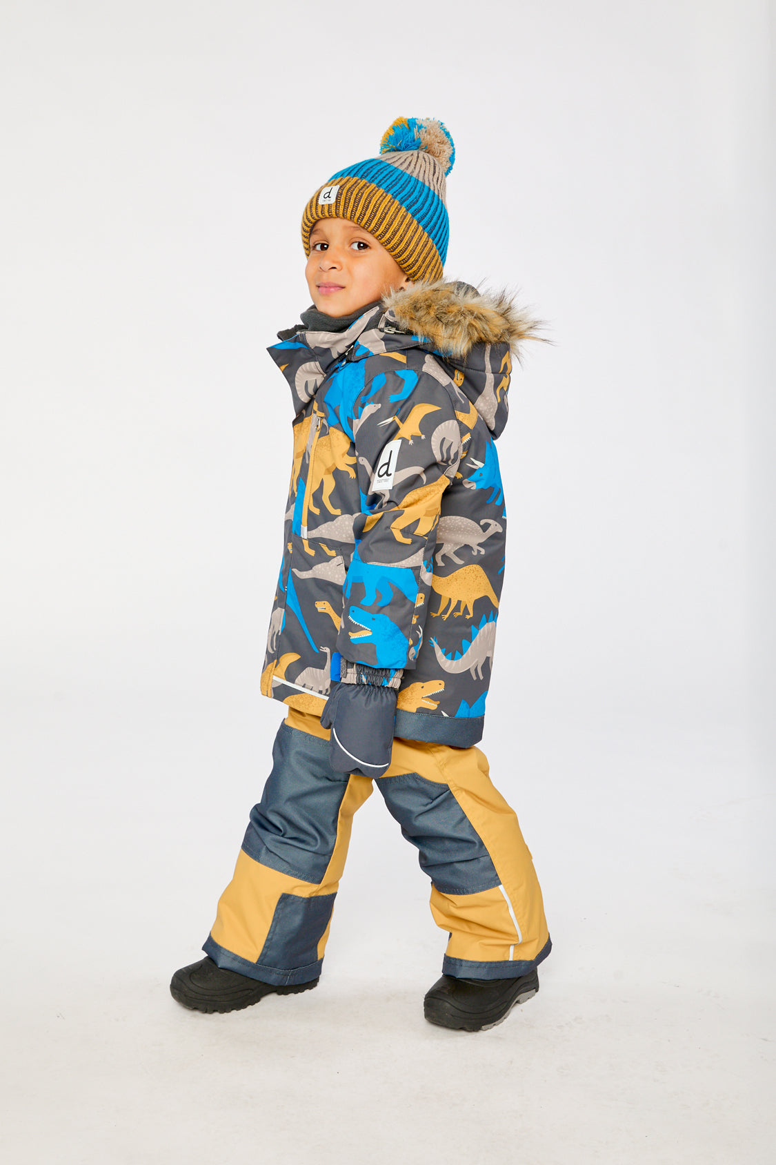 Two Piece Play Snowsuit Grey And Blue Dinosaur Print With Yellow Pants - Image 3