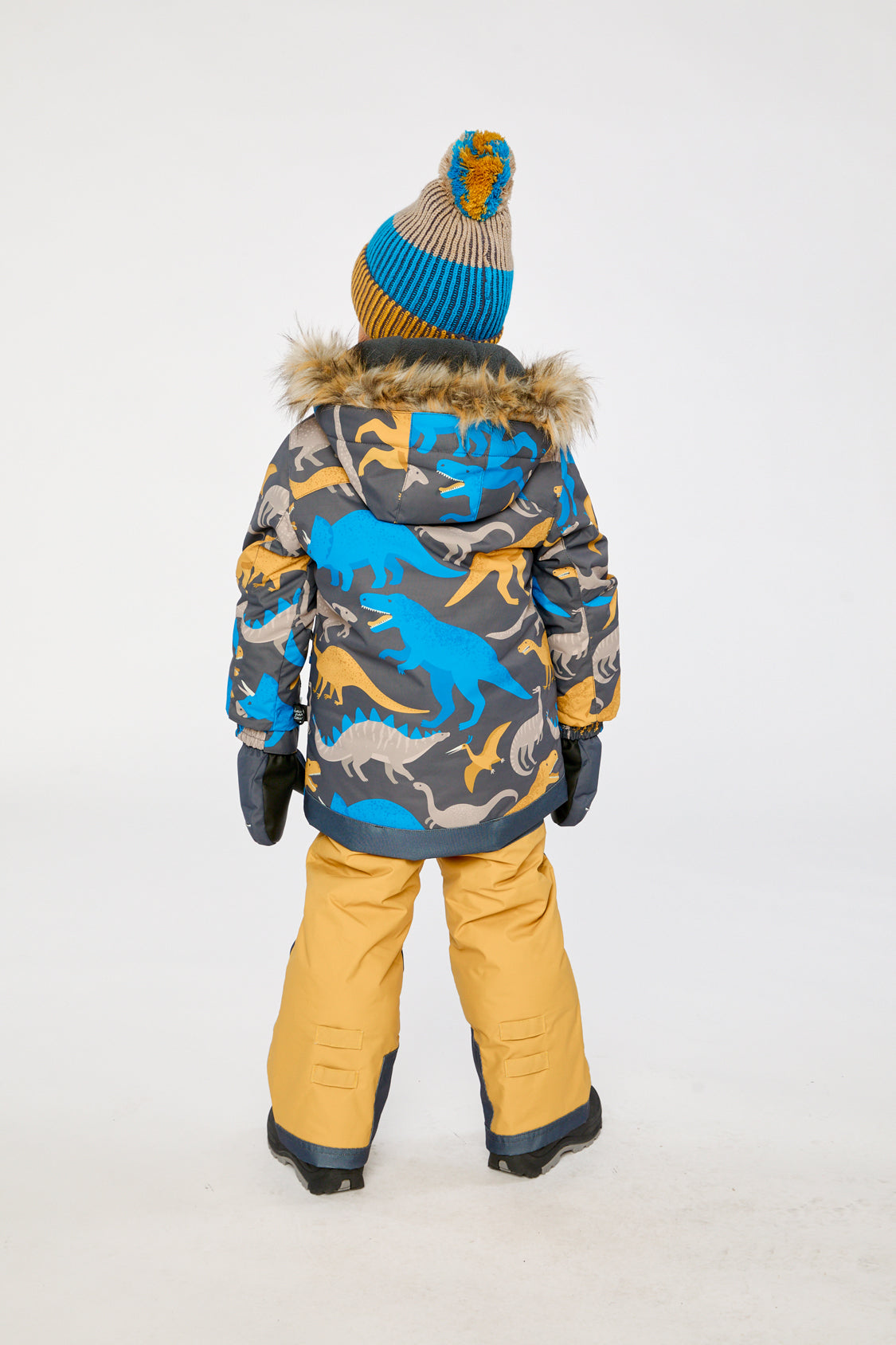 Two Piece Play Snowsuit Grey And Blue Dinosaur Print With Yellow Pants - Image 4