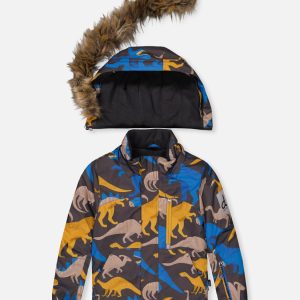 Two Piece Play Snowsuit Grey And Blue Dinosaur Print With Yellow Pants - Image 5